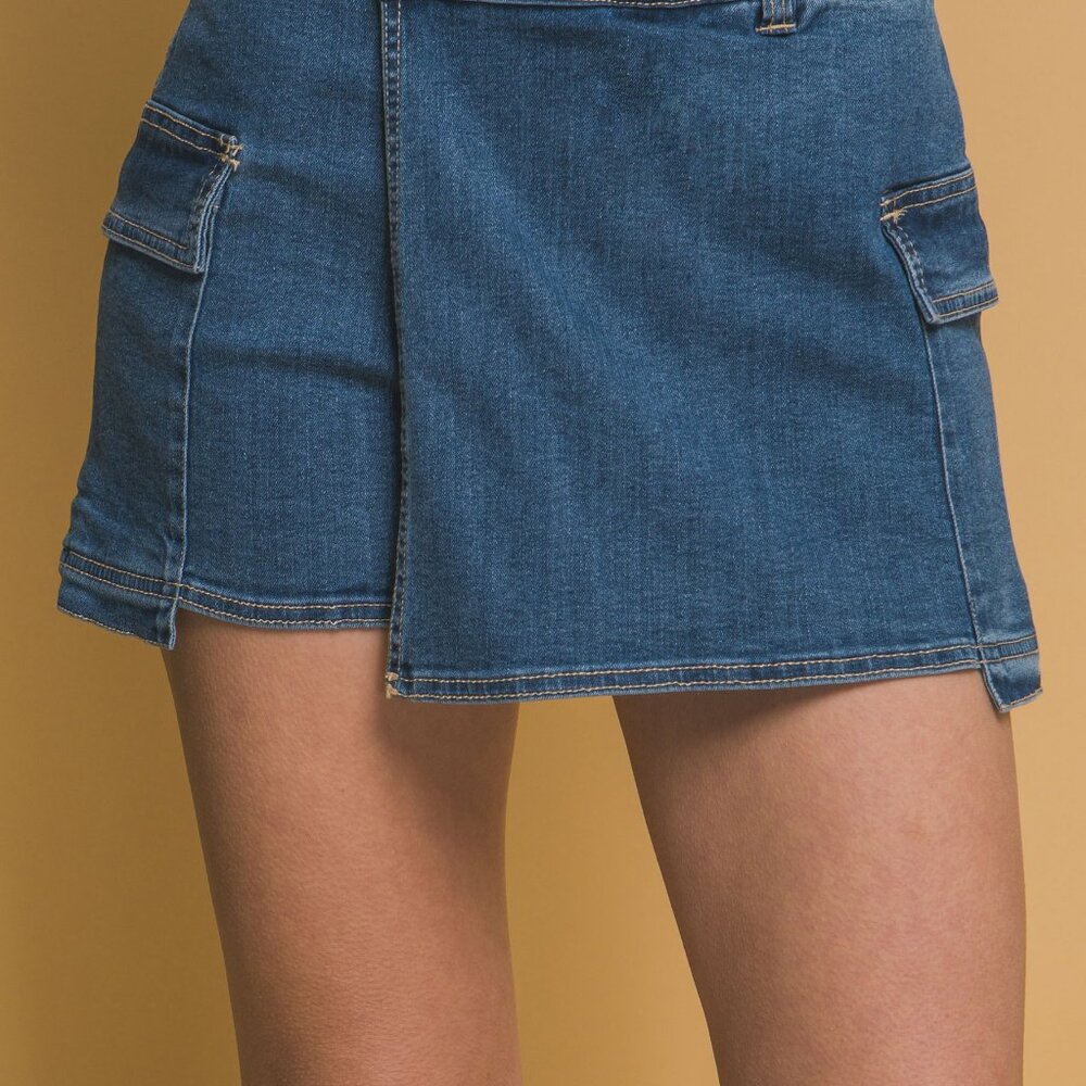 Denim Wrap Cargo Mini Skort in Blue Denim with Two Side Pockets
